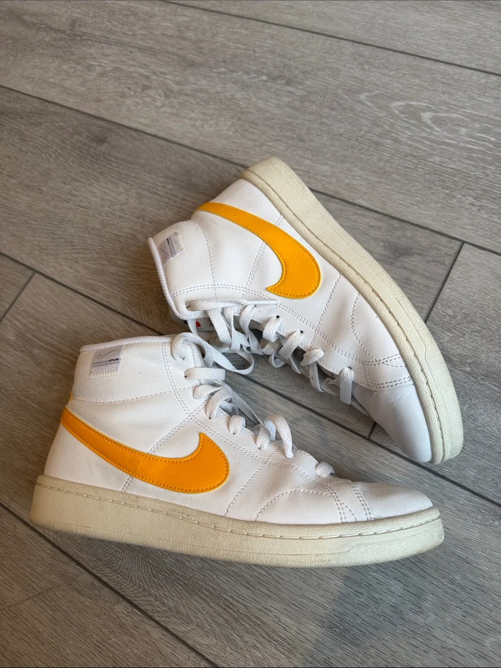 Nike court royale 2 dunk High-Top White Leather Sneaker with Yellow Swoosh 8.5